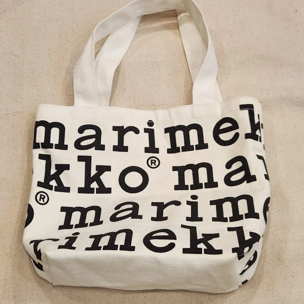 New Marimekko Canvas Tote Bag White Black Logo Lettering Print Small Mini